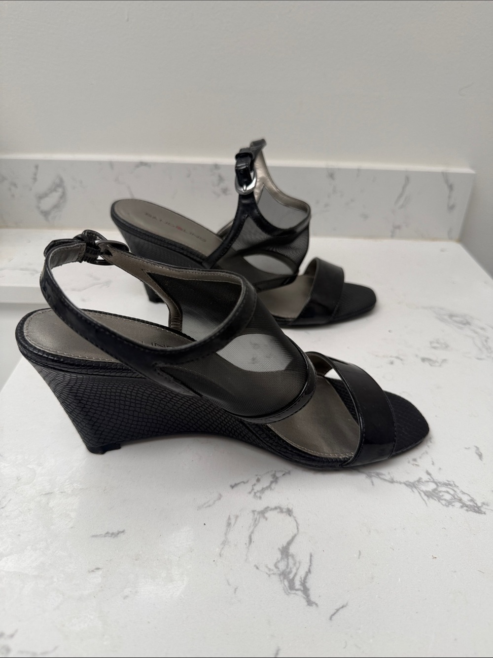 Bandolino Black Mesh & Patent Slingback Wedge Sandals
